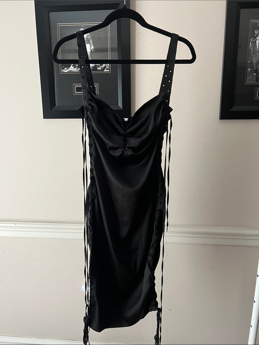House of CB Black Satin Ruched Slip Dress